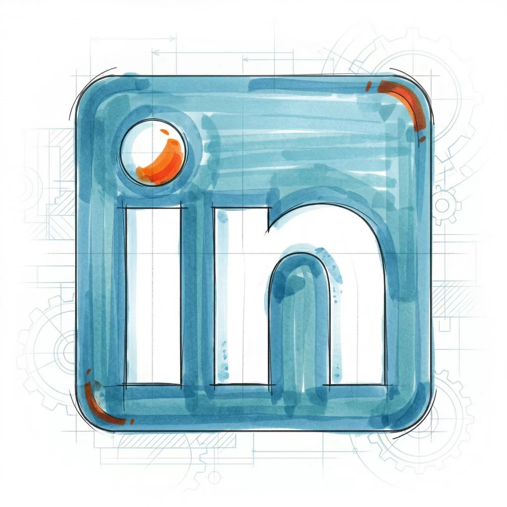 Artistic watercolor LinkedIn logo icon featuring a sketch style and blueprint background gears.